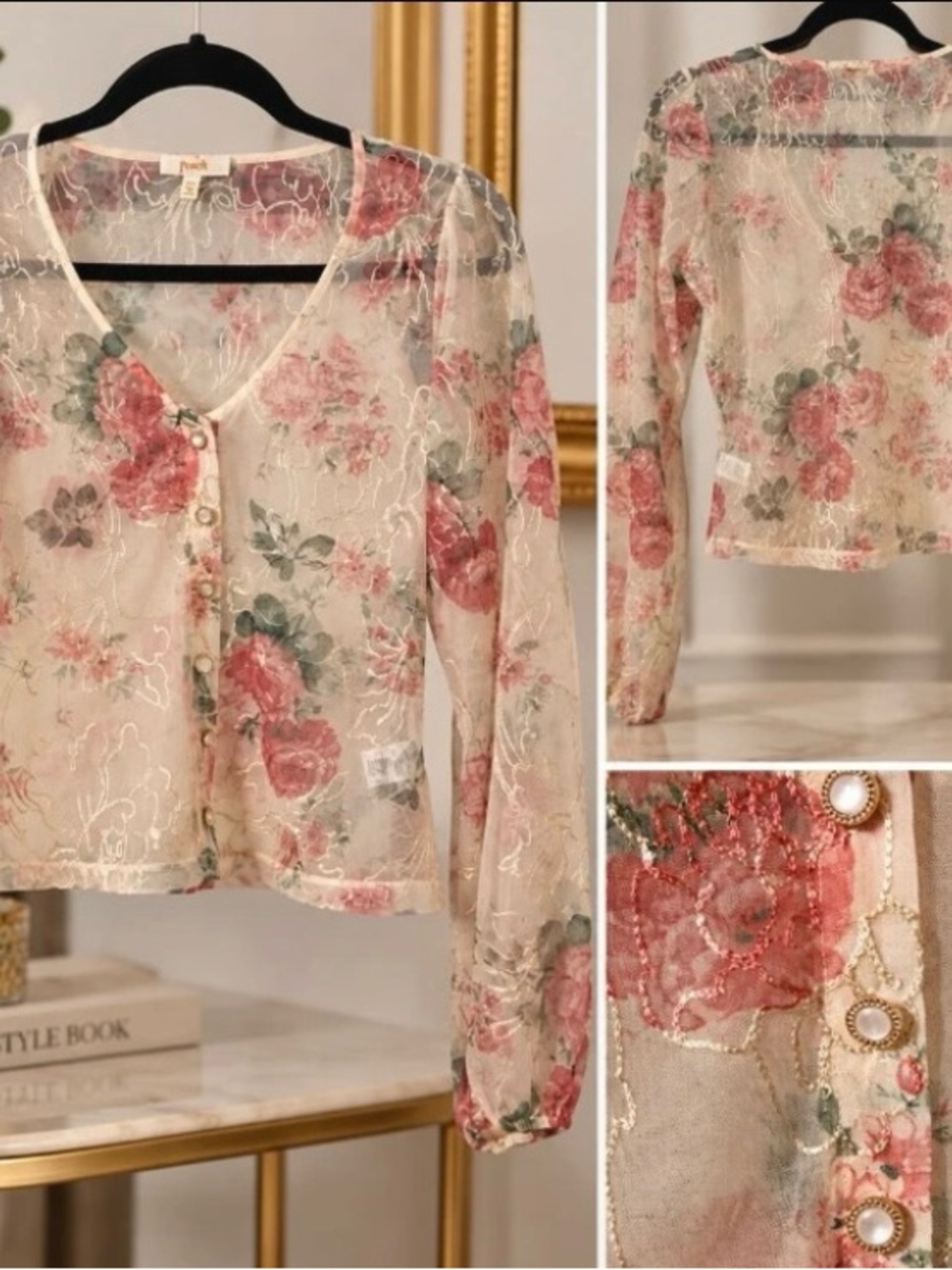Peach Floral Sheer Mesh Button-Up Top Size M